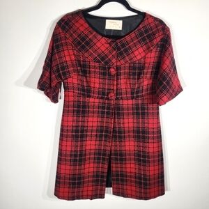 Renee C Short Sleeve Coat Womens Medium Plaid Red Black Wool Blend Holiday